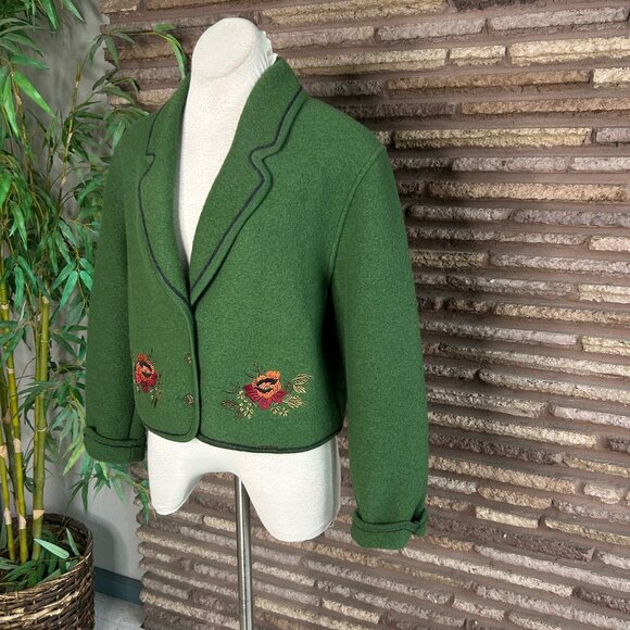 Geiger Green Boiled Wool Jacket Tyrolean Embroidered Floral Size 40 - Picture 9 of 11